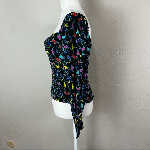 Staud Josephine Black Printed Multicolor Crepe Long Sleeve Sweetheart Top Size 6 - Picture 4 of 13
